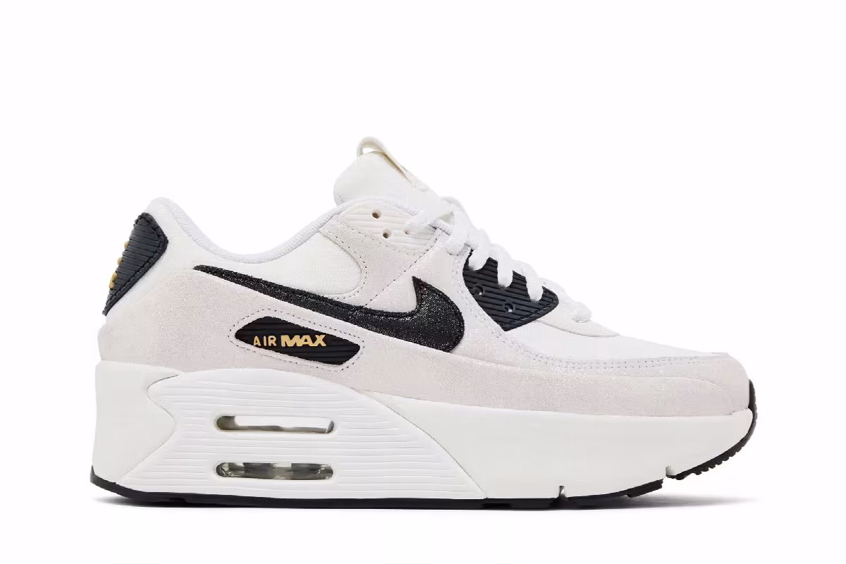Nike Women's Air Max 90 LV8 White Metallic Gold Black, view 2
