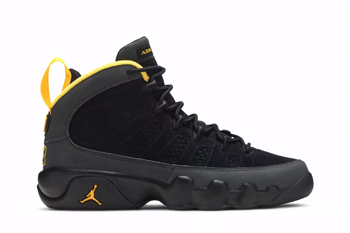 Air Jordan 9 GS Dark Charcoal University Gold, view 2