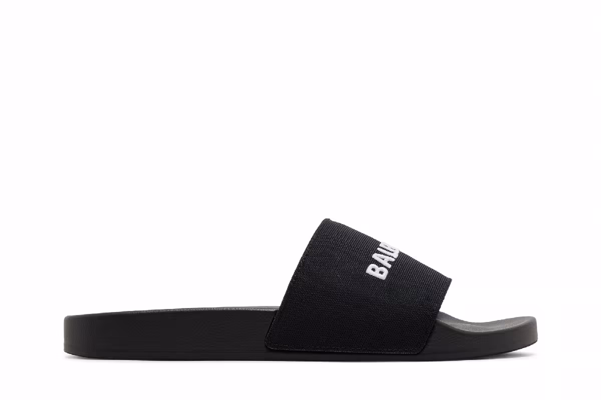 Balenciaga Logo Embroidered Pool Slides Black White, view 2