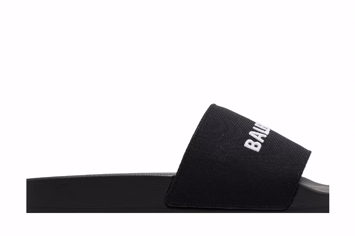 Balenciaga Logo Embroidered Pool Slides Black White, view 3