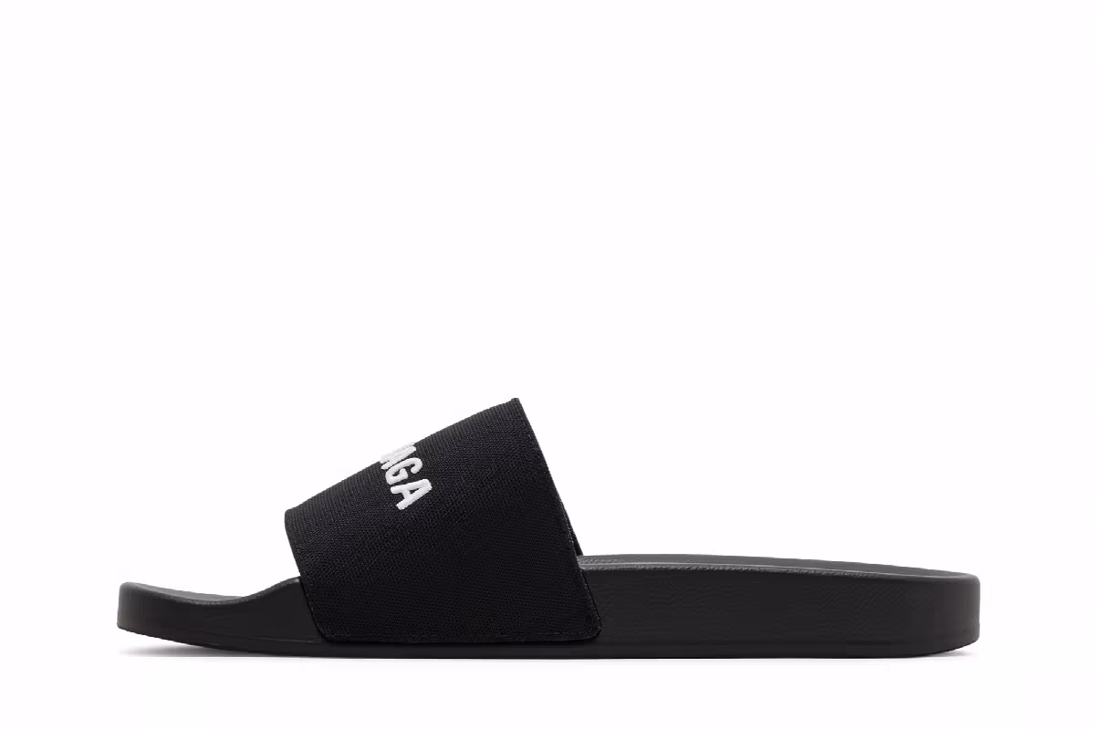 Balenciaga Logo Embroidered Pool Slides Black White, view 4