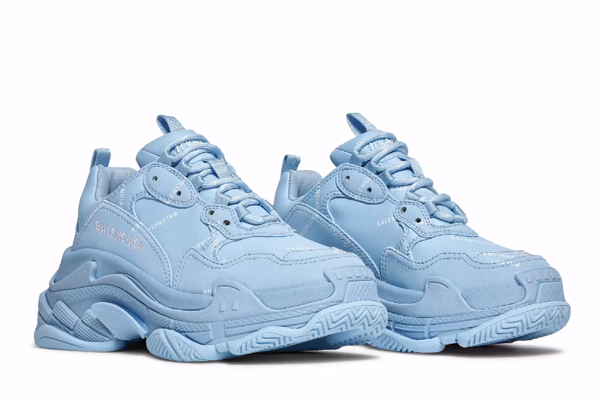 Balenciaga Women's Triple S Sneaker Allover Logo - Light Blue, view 9