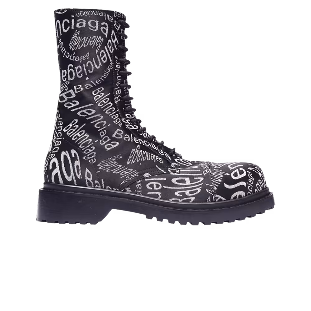 Balenciaga Wave Leather Boot Black White Allover Logo