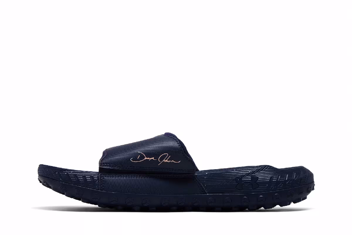Under Armour Project Rock 3 Slide Midnight Navy Flare Orange, view 4