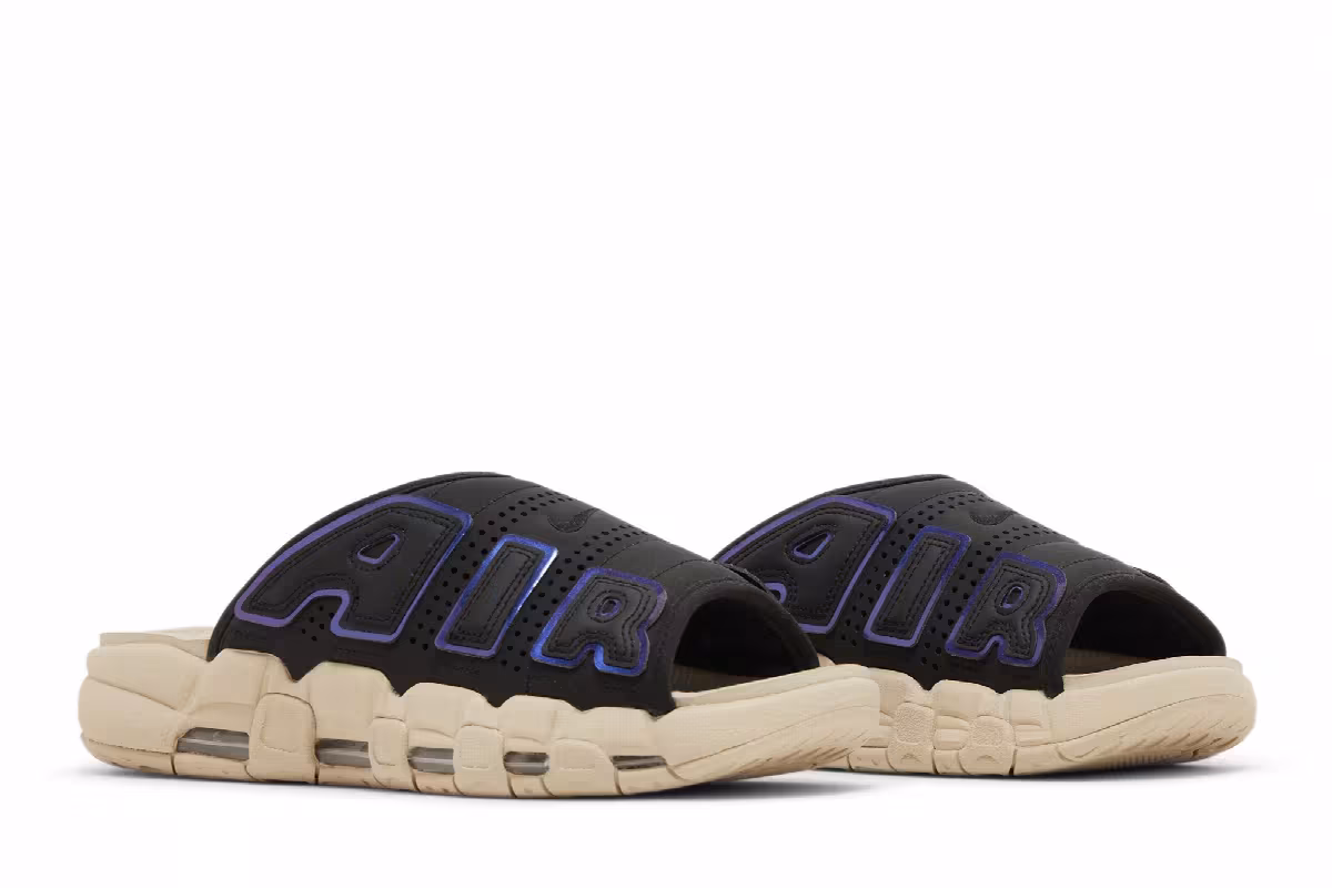 Nike Air More Uptempo Slide Black Sanddrift Iridescent, view 9