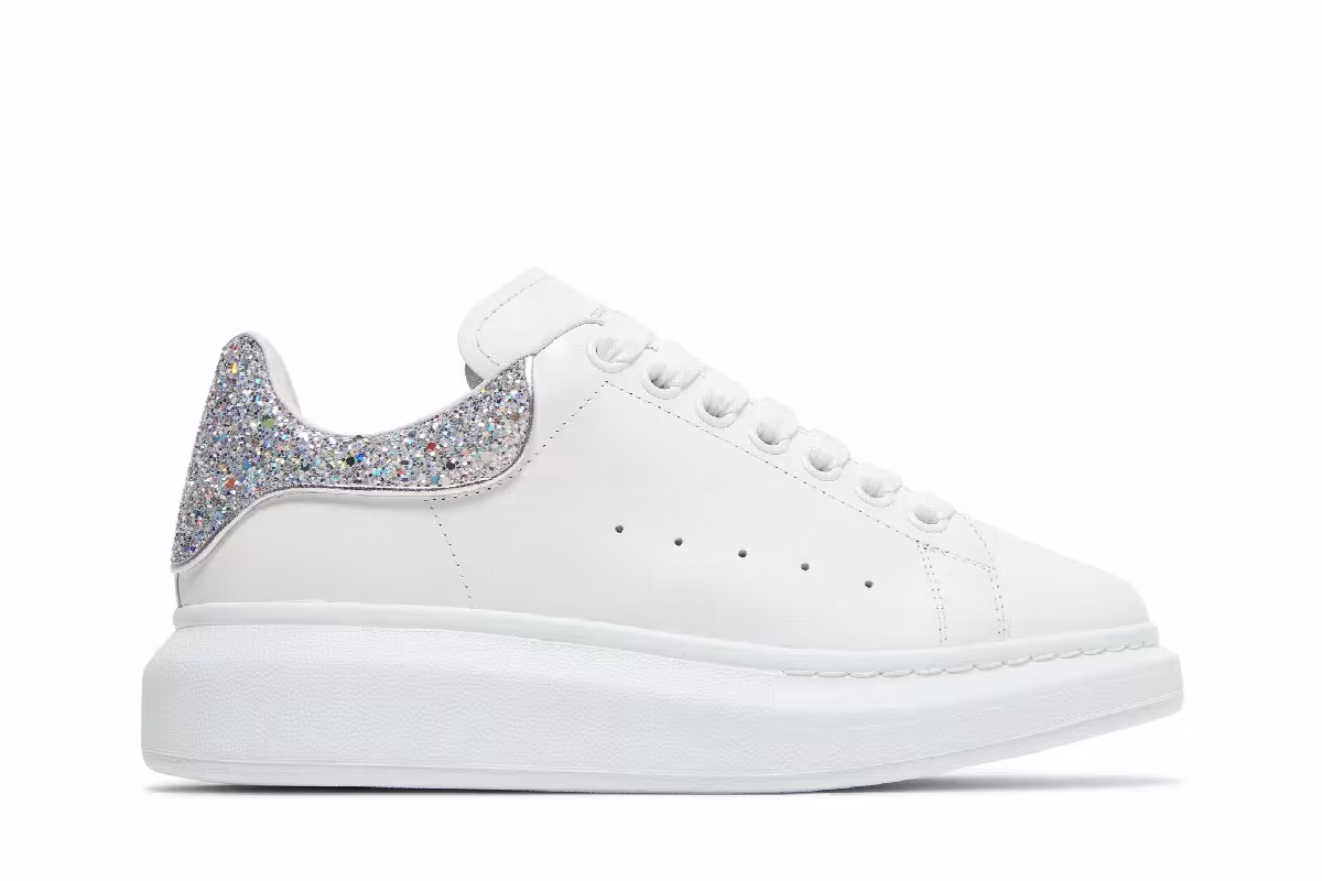 Alexander McQueen Women's Oversized Sneaker White Silver Glitter, view 2