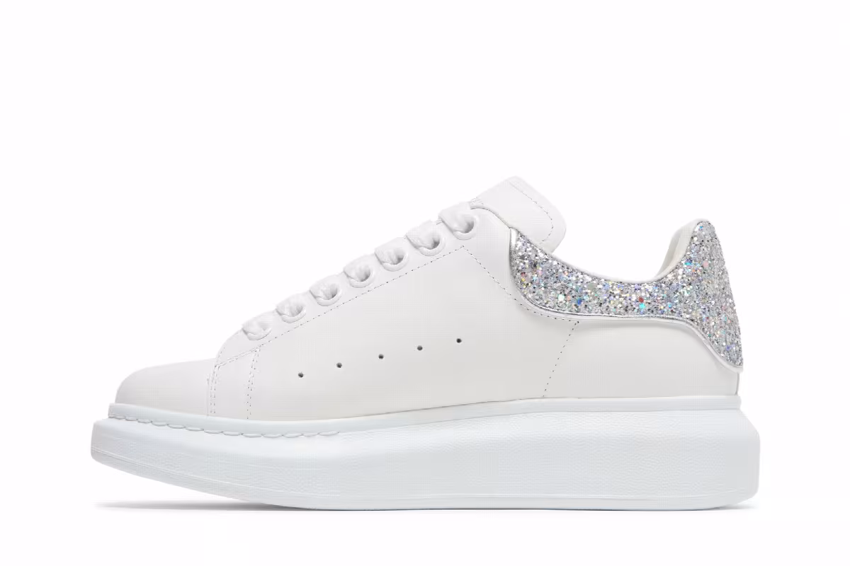 Alexander McQueen Women's Oversized Sneaker White Silver Glitter, view 4
