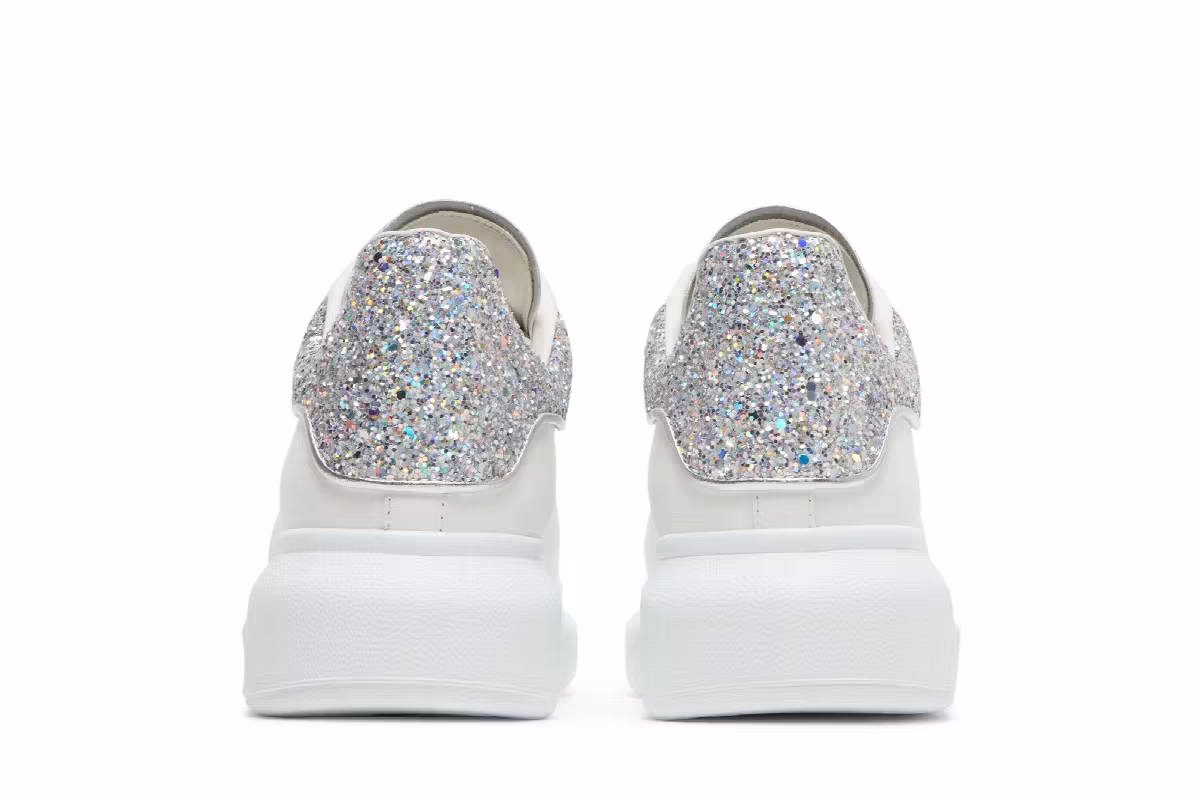 Alexander McQueen Women's Oversized Sneaker White Silver Glitter, view 7