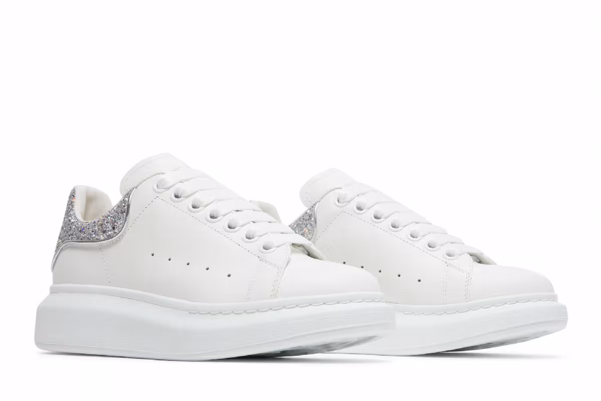 Alexander McQueen Women's Oversized Sneaker White Silver Glitter, view 9