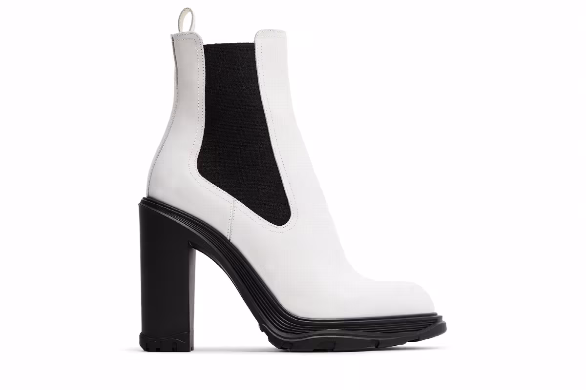 Alexander McQueen Women's Tread Slick Heeled Chelsea Boot Ivory Black, view 2