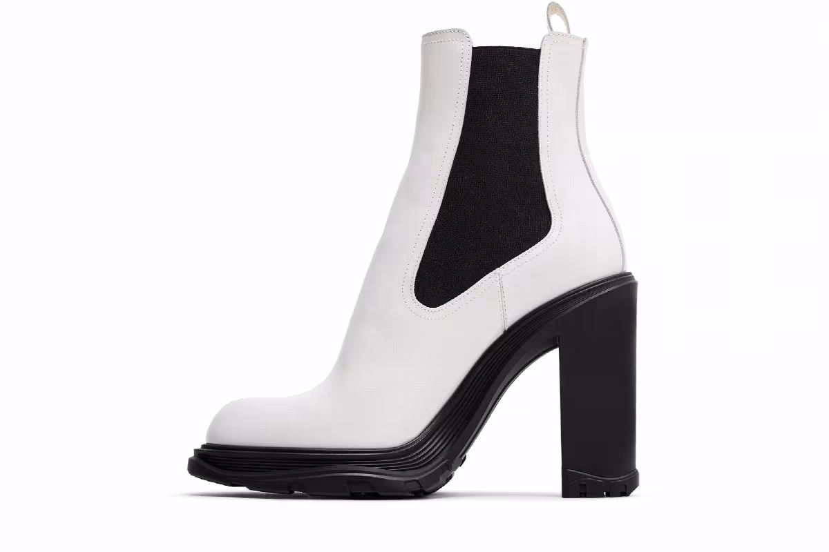 Alexander McQueen Women's Tread Slick Heeled Chelsea Boot Ivory Black, view 4