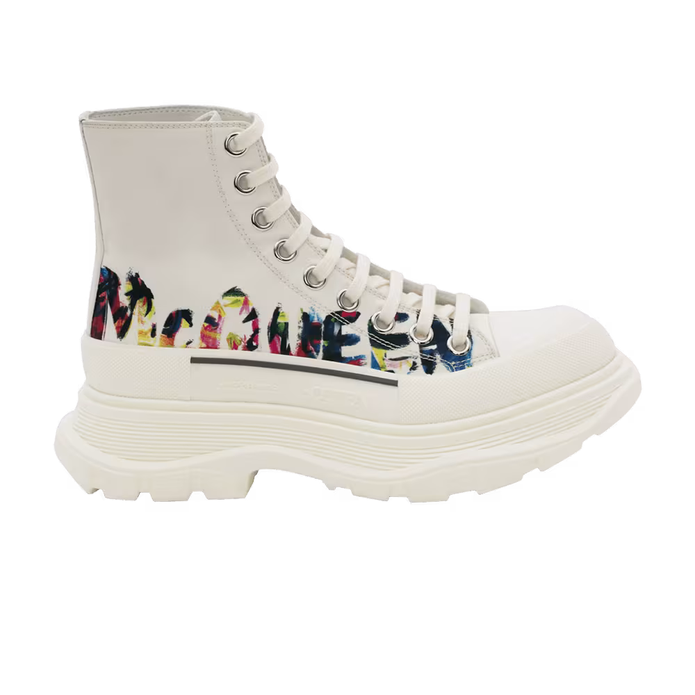 Alexander McQueen Women's Tread Slick Boot McQueen Graffiti Logo - White Multi