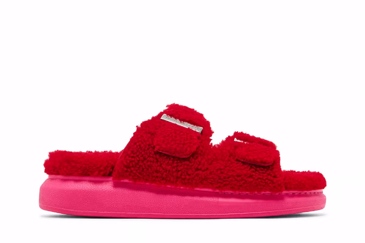 Alexander McQueen Women's Oversized Hybrid Slide Shearling Red Pink, view 2