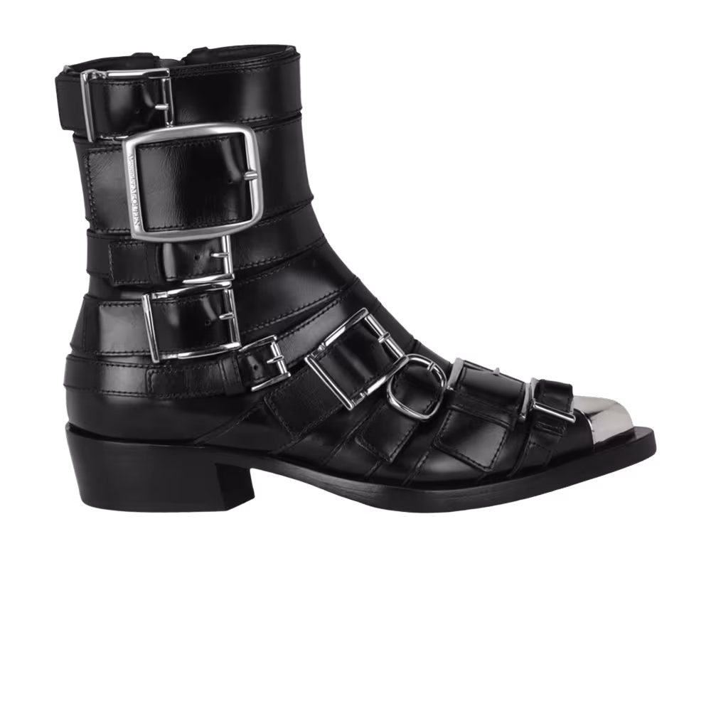 Alexander McQueen Women's Strappy Punk Ankle Boot Black Silver