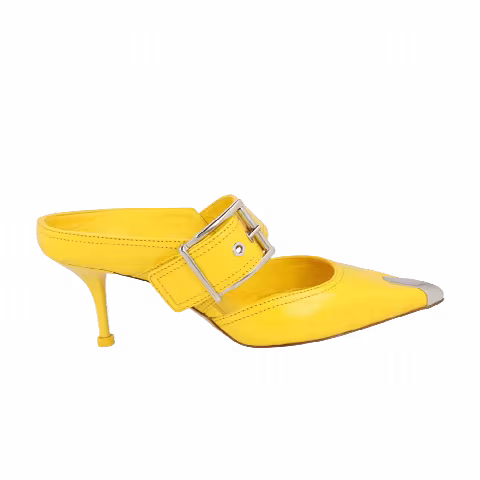 Alexander McQueen Wmns Buckle Leather Mule 'Pop Yellow Silver'
