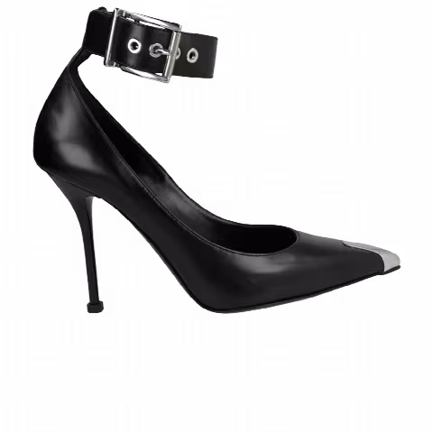 Alexander McQueen Wmns Buckle Leather Heel 'Black Silver'