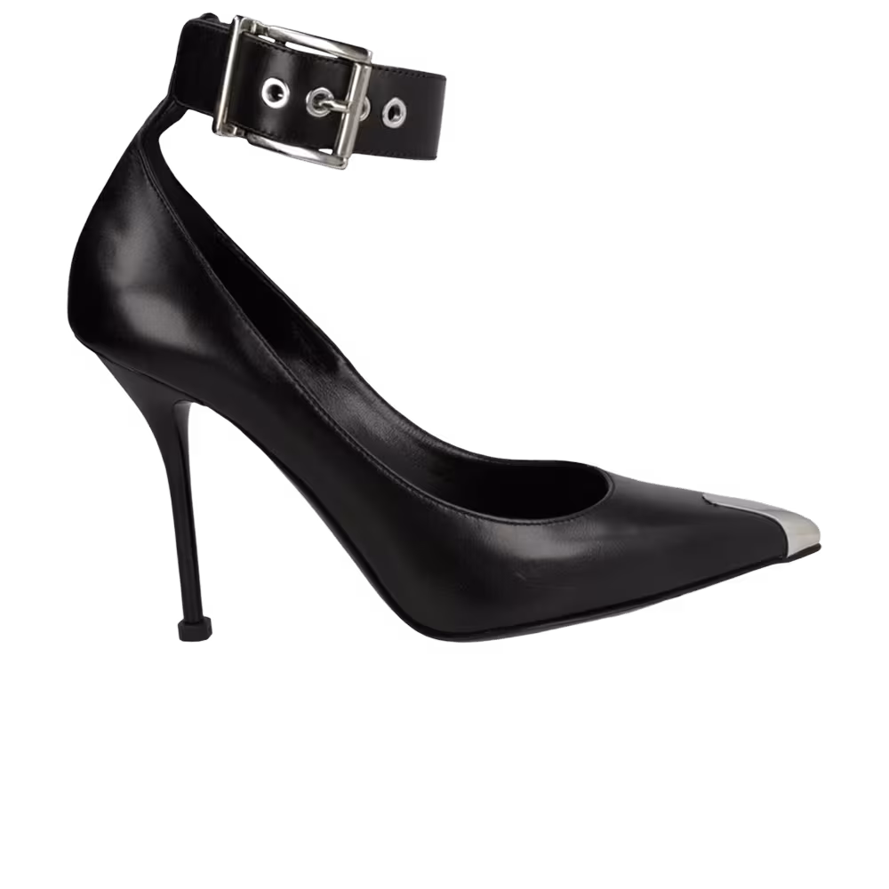Alexander McQueen Women's Buckle Leather Heel Black Silver