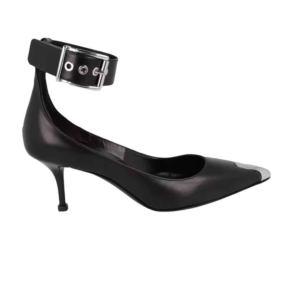 Alexander McQueen Women's Buckle Leather Heel Black Silver
