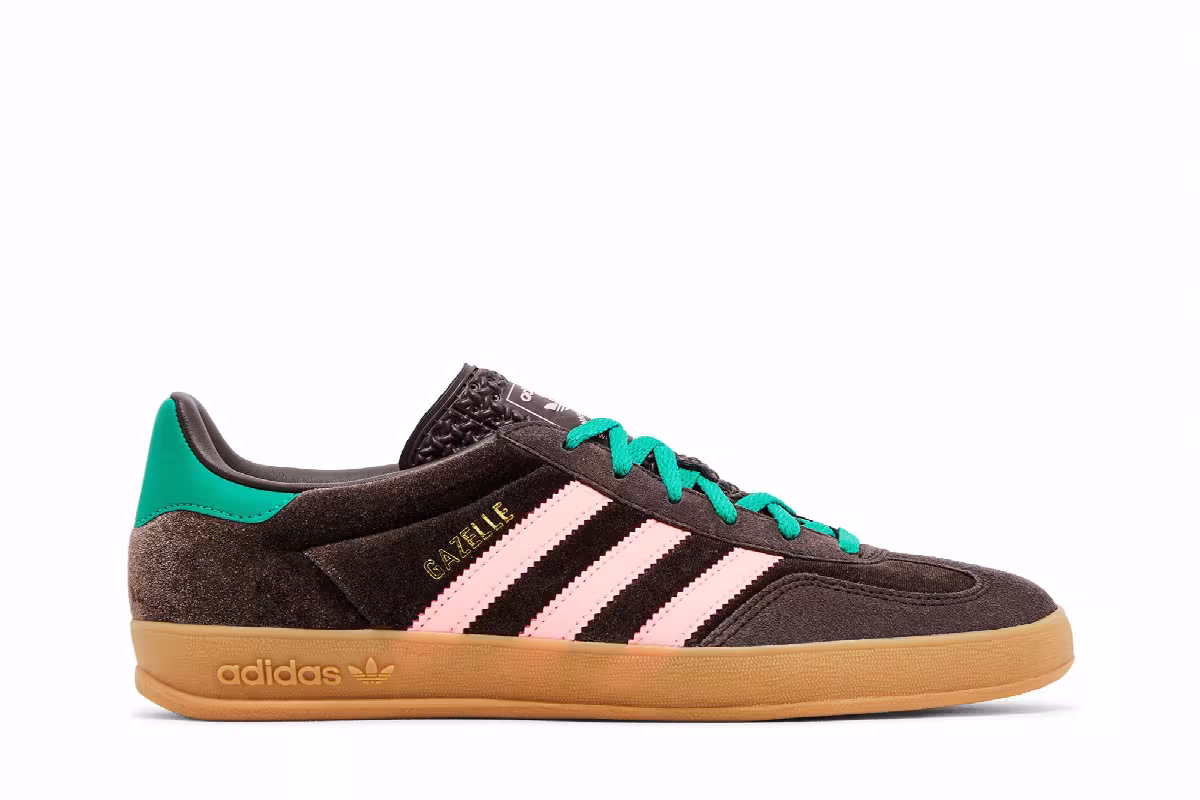 adidas Women's Gazelle Indoor Dark Brown Pink Green Velvet, view 2