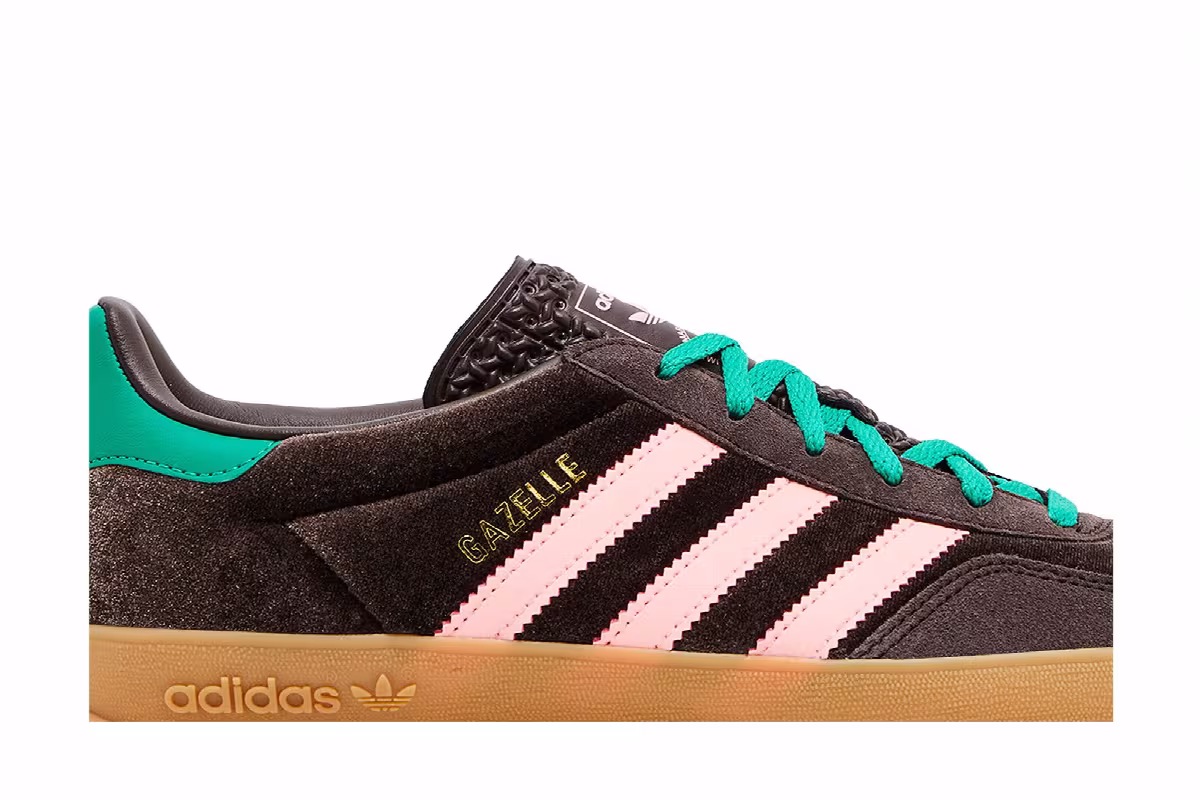 adidas Women's Gazelle Indoor Dark Brown Pink Green Velvet, view 3