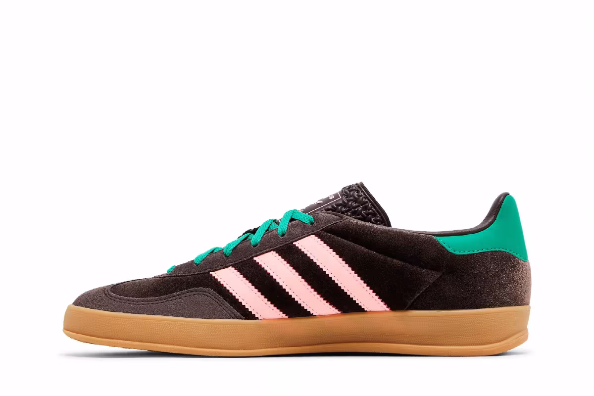 adidas Women's Gazelle Indoor Dark Brown Pink Green Velvet, view 4