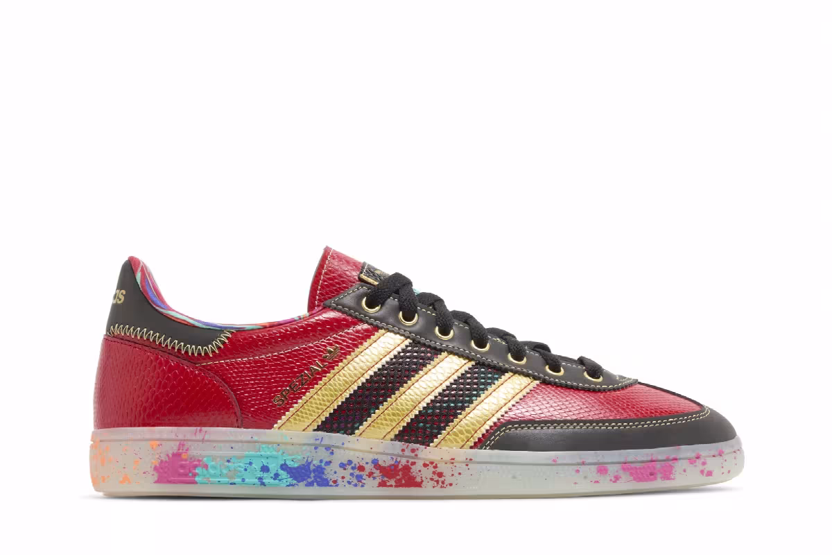 S.E.E.D. x adidas Handball Spezial Scarlet Gold Paint Splatter, view 2