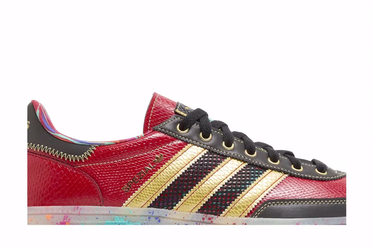 S.E.E.D. x adidas Handball Spezial Scarlet Gold Paint Splatter, view 3
