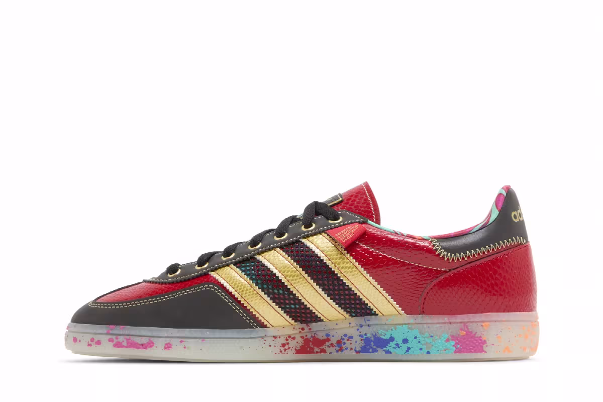 S.E.E.D. x adidas Handball Spezial Scarlet Gold Paint Splatter, view 4