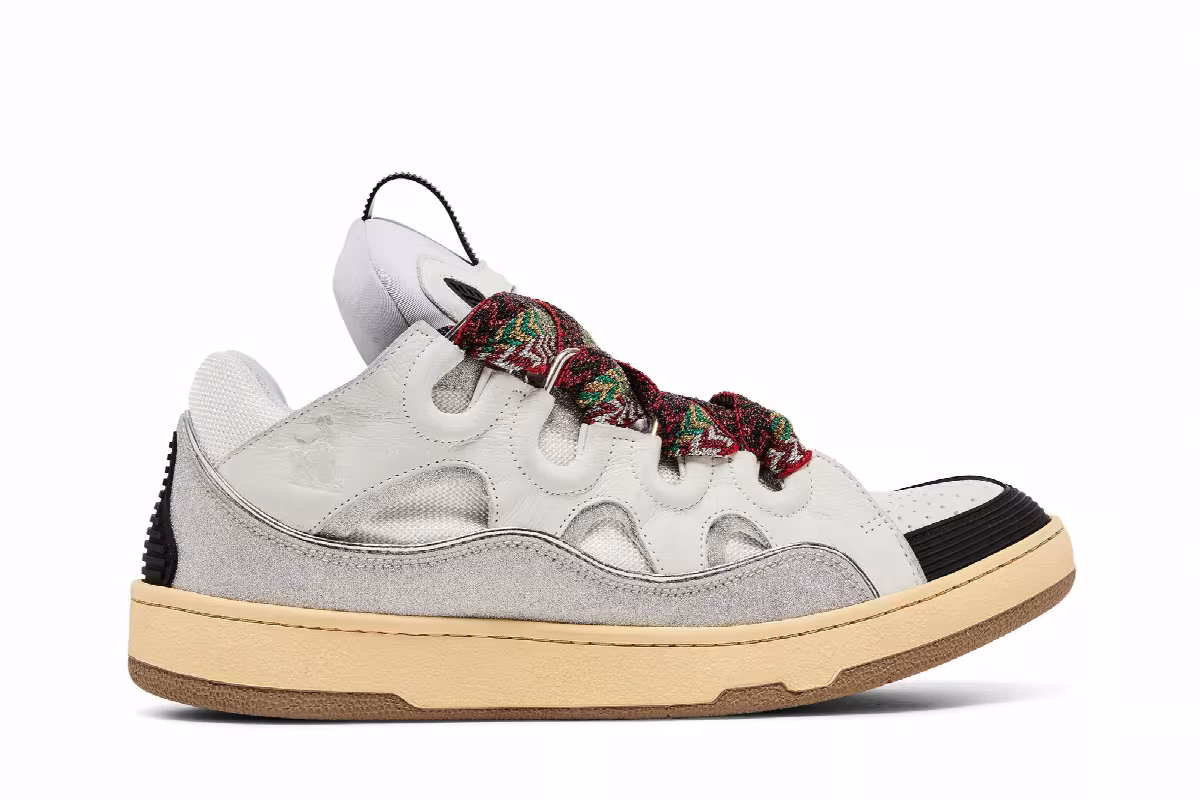 Lanvin Curb Leather and Glitter Sneakers White, view 2