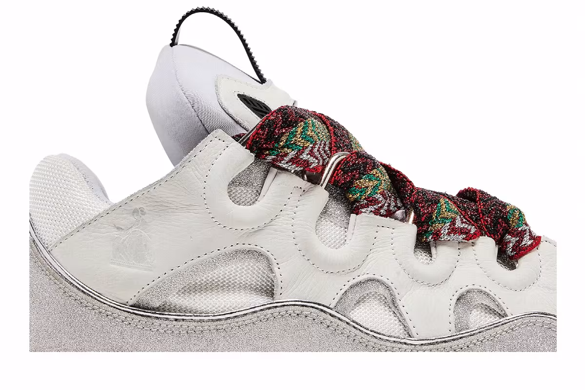 Lanvin Curb Leather and Glitter Sneakers White, view 3