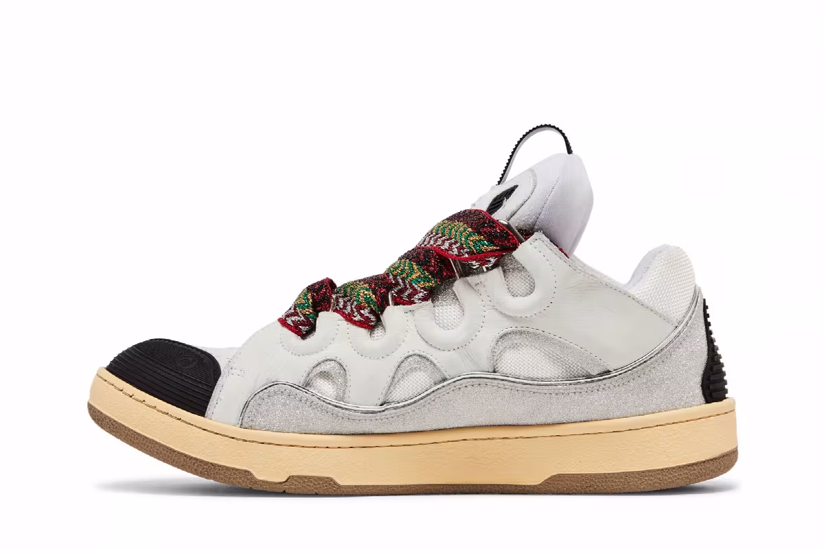 Lanvin Curb Leather and Glitter Sneakers White, view 4