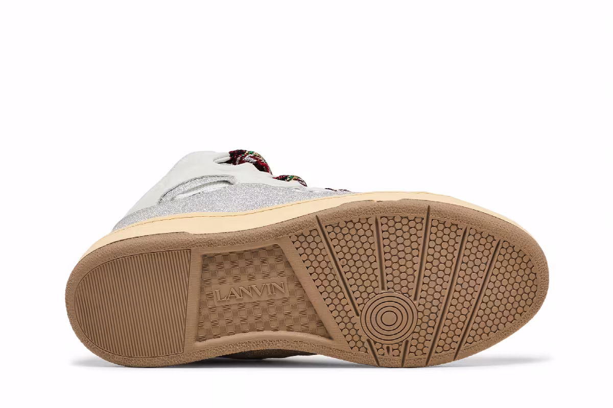 Lanvin Curb Leather and Glitter Sneakers White, view 5