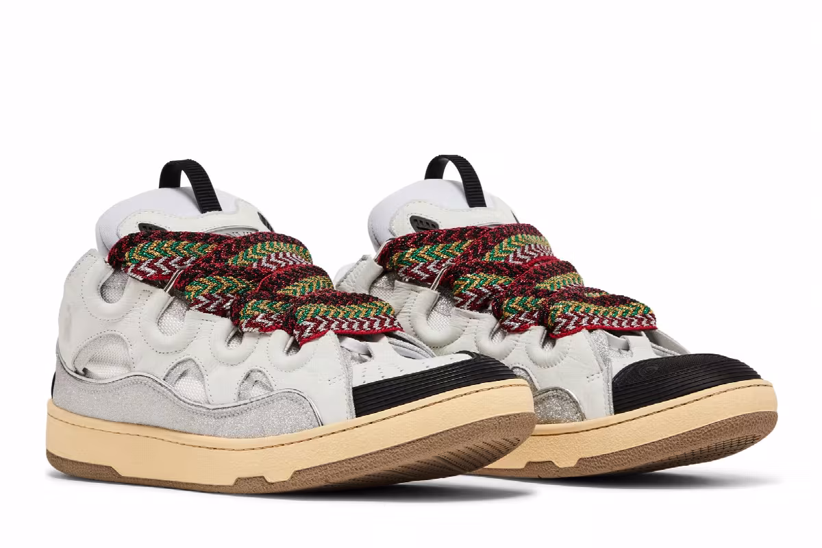Lanvin Curb Leather and Glitter Sneakers White, view 9