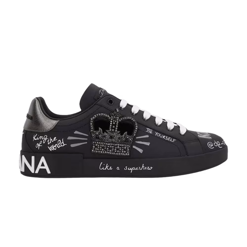 Dolce & Gabbana Rhinestone Crown Logo Patch Portofino Sneakers Black