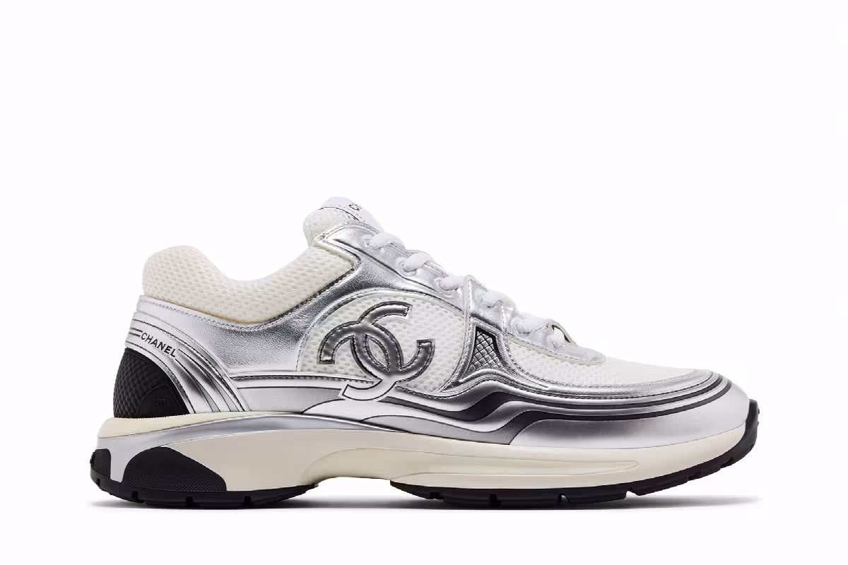 Chanel CC Logo Sneaker White Silver, view 2