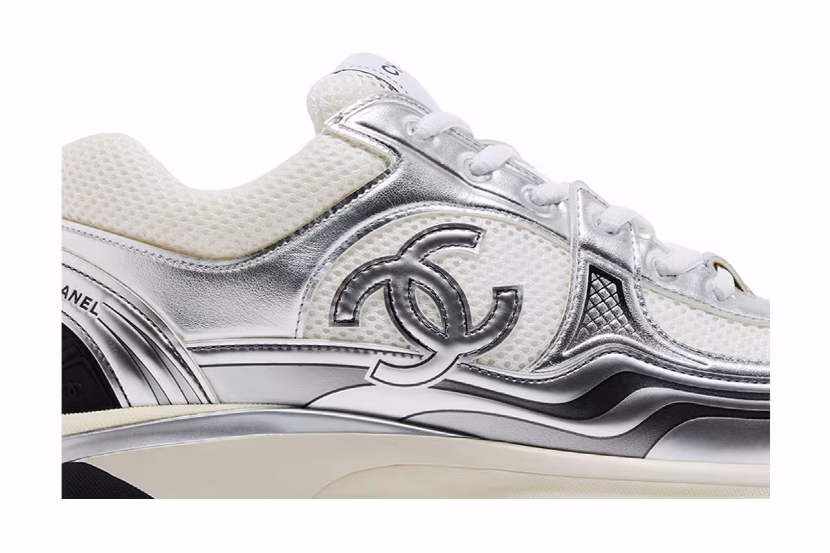 Chanel CC Logo Sneaker White Silver, view 3