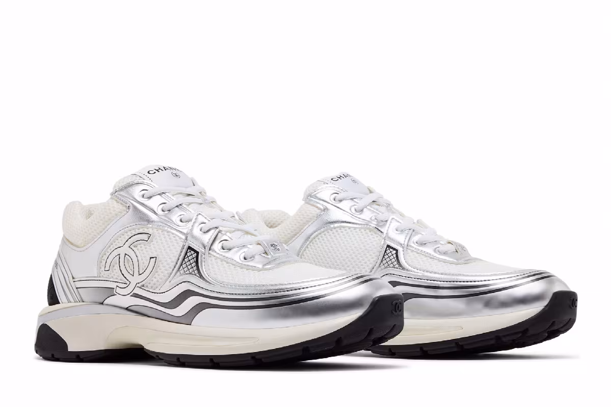 Chanel CC Logo Sneaker White Silver, view 9