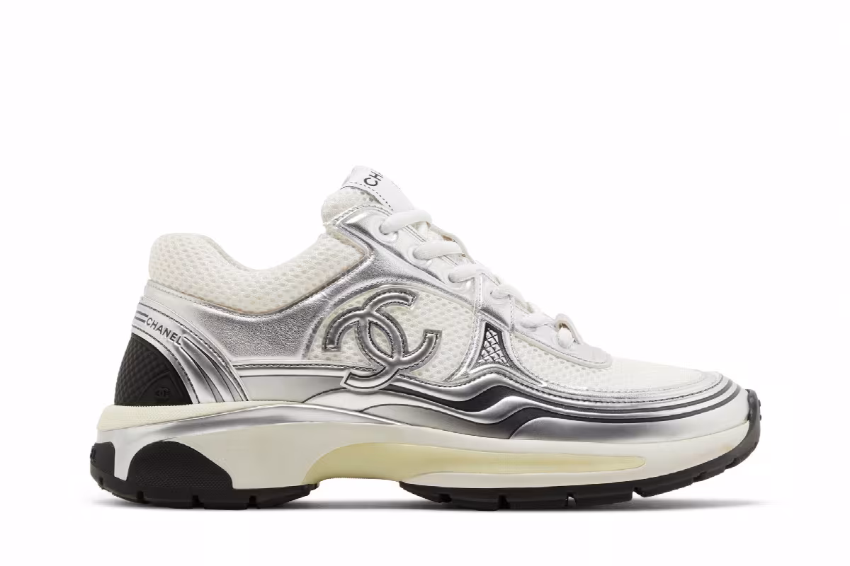 Chanel Women's CC Logo Sneaker White Silver, view 2