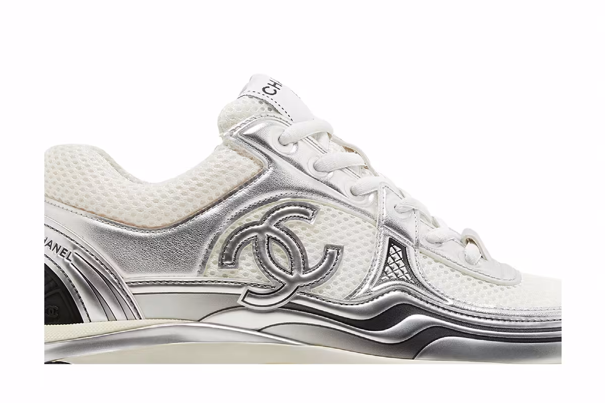 Chanel Women's CC Logo Sneaker White Silver, view 3