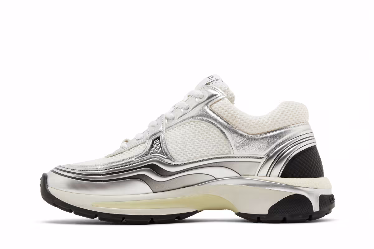 Chanel Women's CC Logo Sneaker White Silver, view 4
