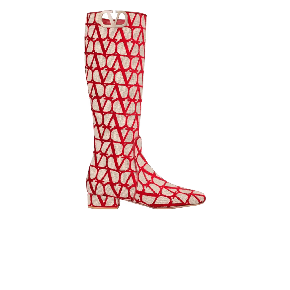 Valentino Women's V Logo Toile Iconographe Boot Beige Red