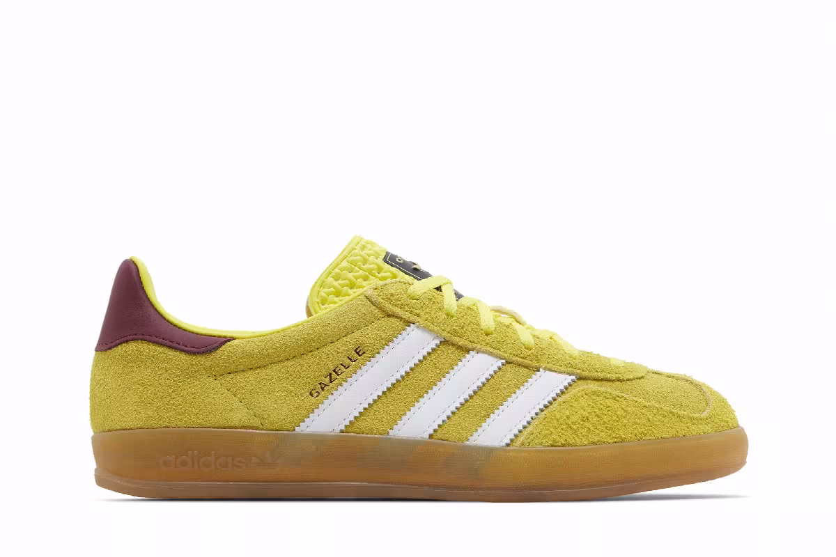 adidas Women's Gazelle Indoor Bright Yellow Burgundy, view 2