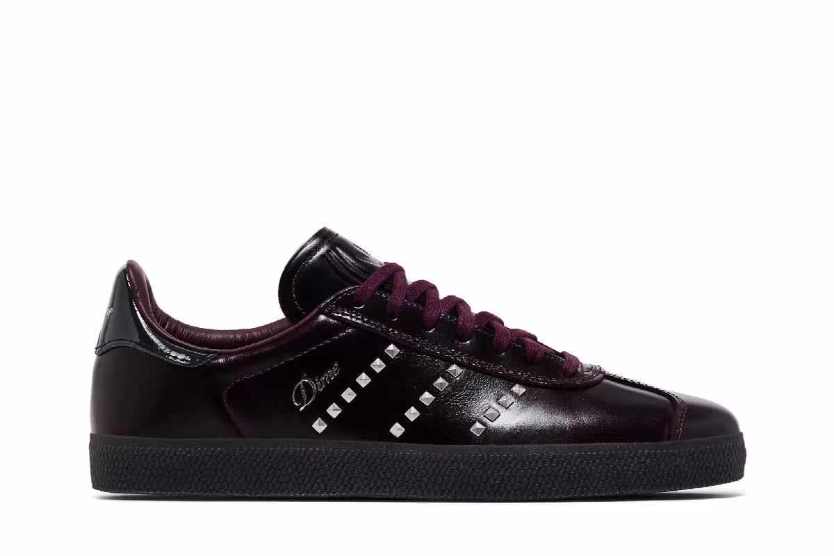 Dime x adidas Gazelle ADV Maroon Silver Metallic Studs, view 2