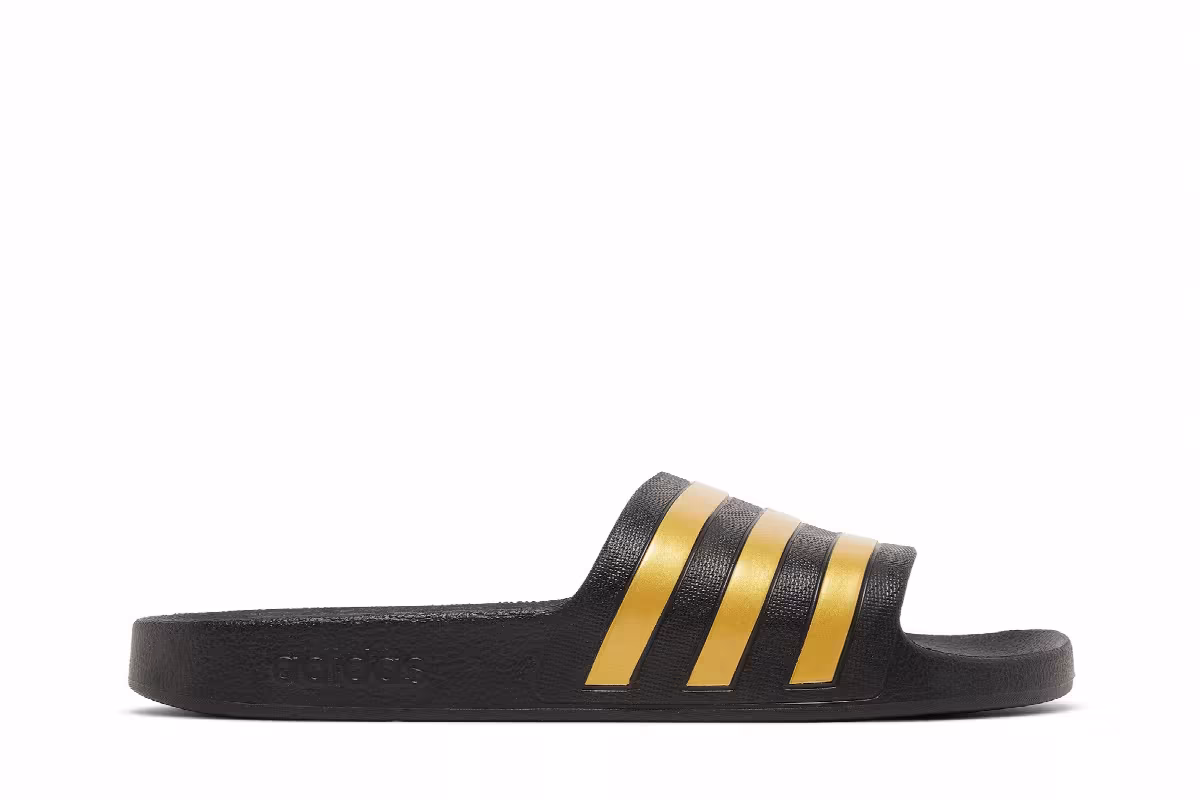adidas Adilette Aqua Slides Black Gold Metallic, view 2