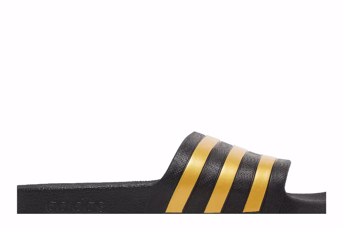 adidas Adilette Aqua Slides Black Gold Metallic, view 3