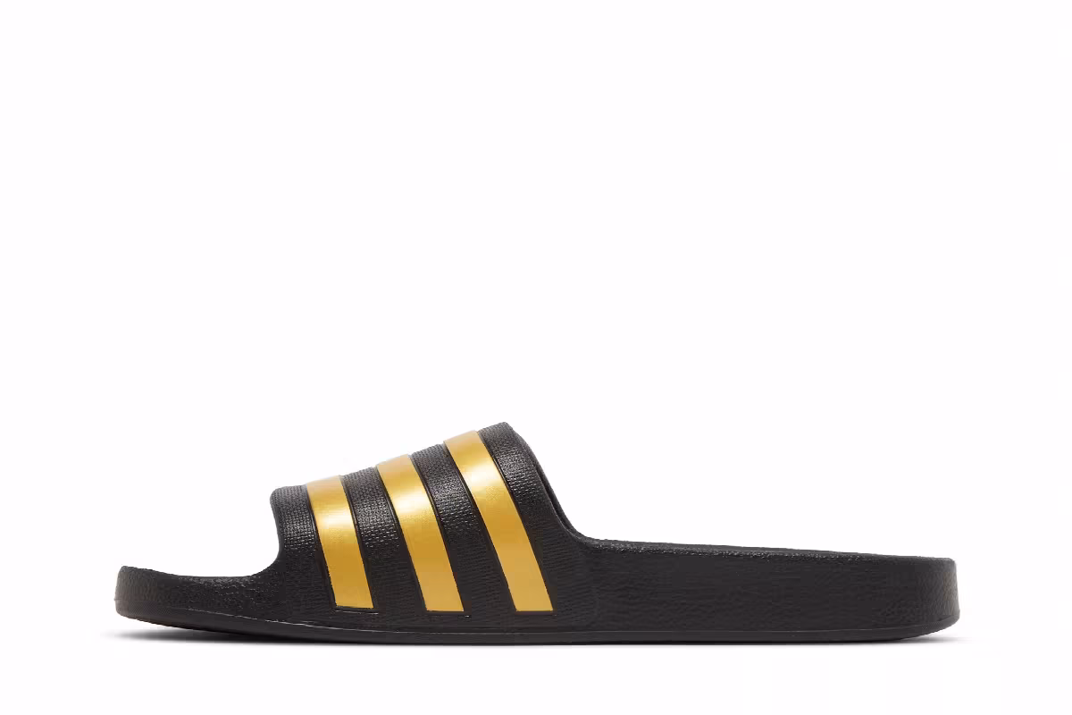 adidas Adilette Aqua Slides Black Gold Metallic, view 4