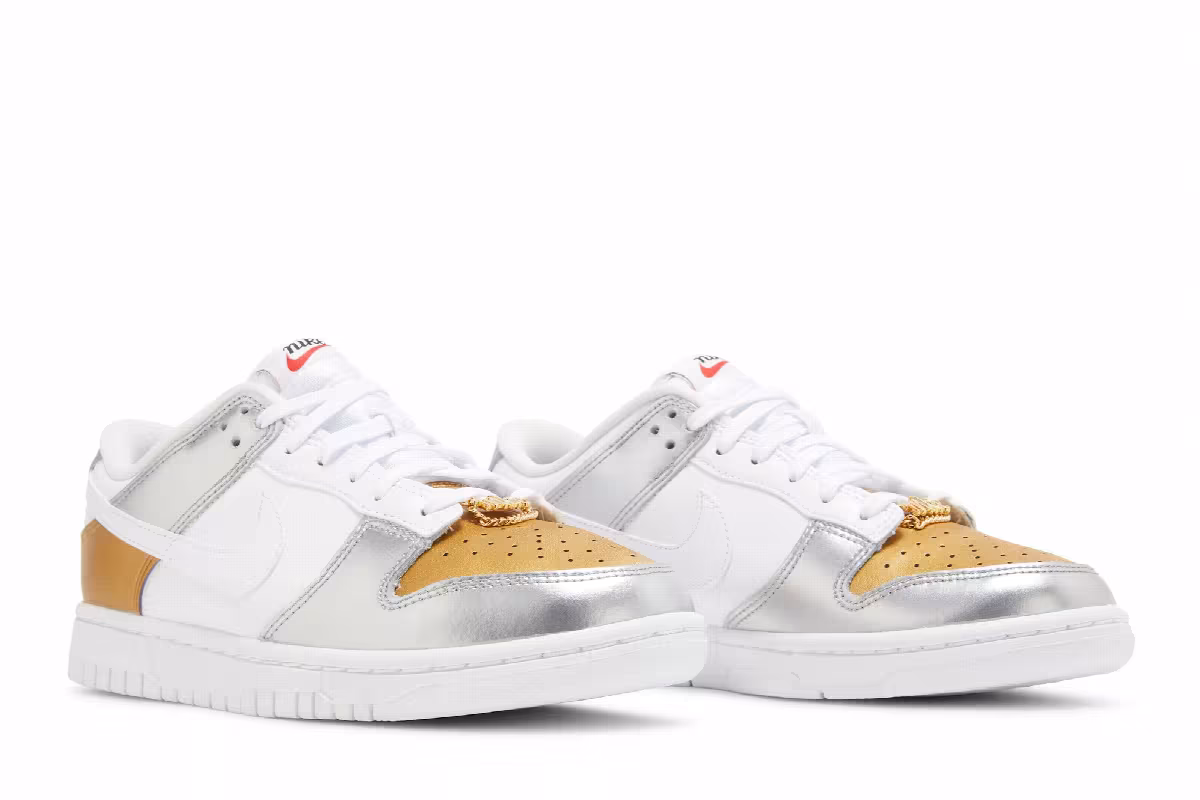 Nike Women's Dunk Low SE Silver Gold Metallic, view 9