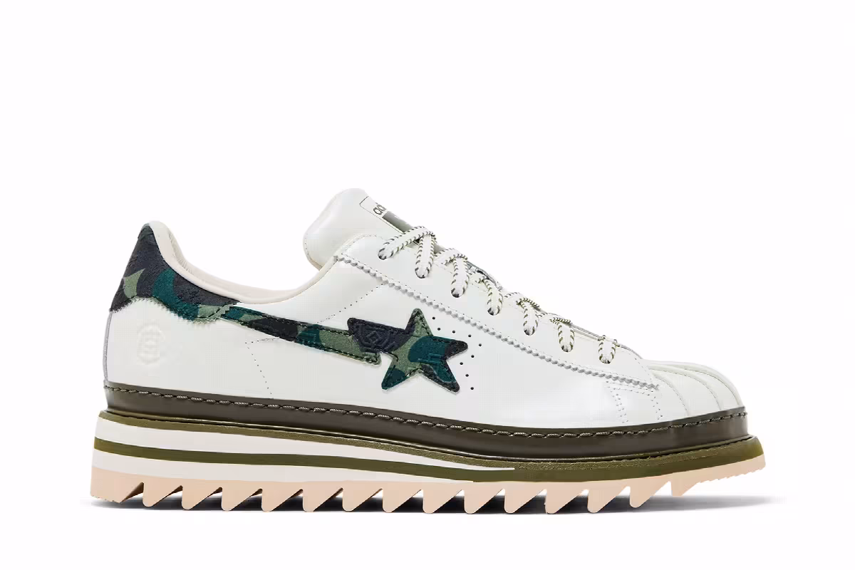 CLOT x BAPE x adidas Superstar Off White Olive Cargo, view 2