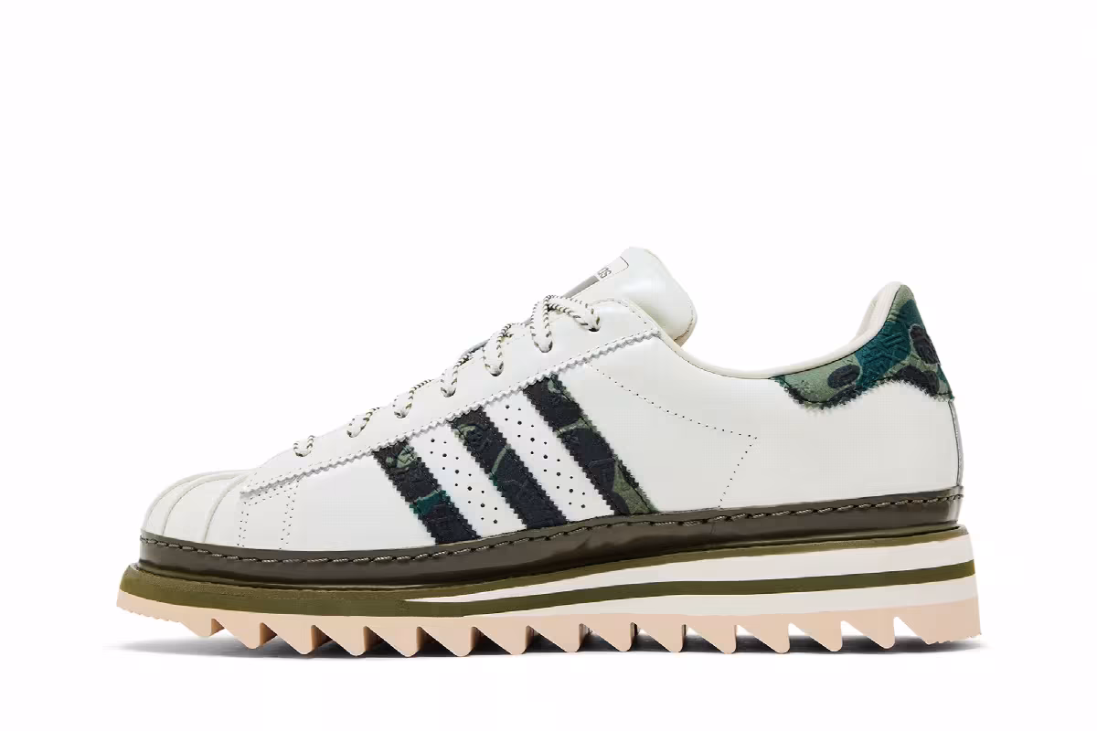 CLOT x BAPE x adidas Superstar Off White Olive Cargo, view 4