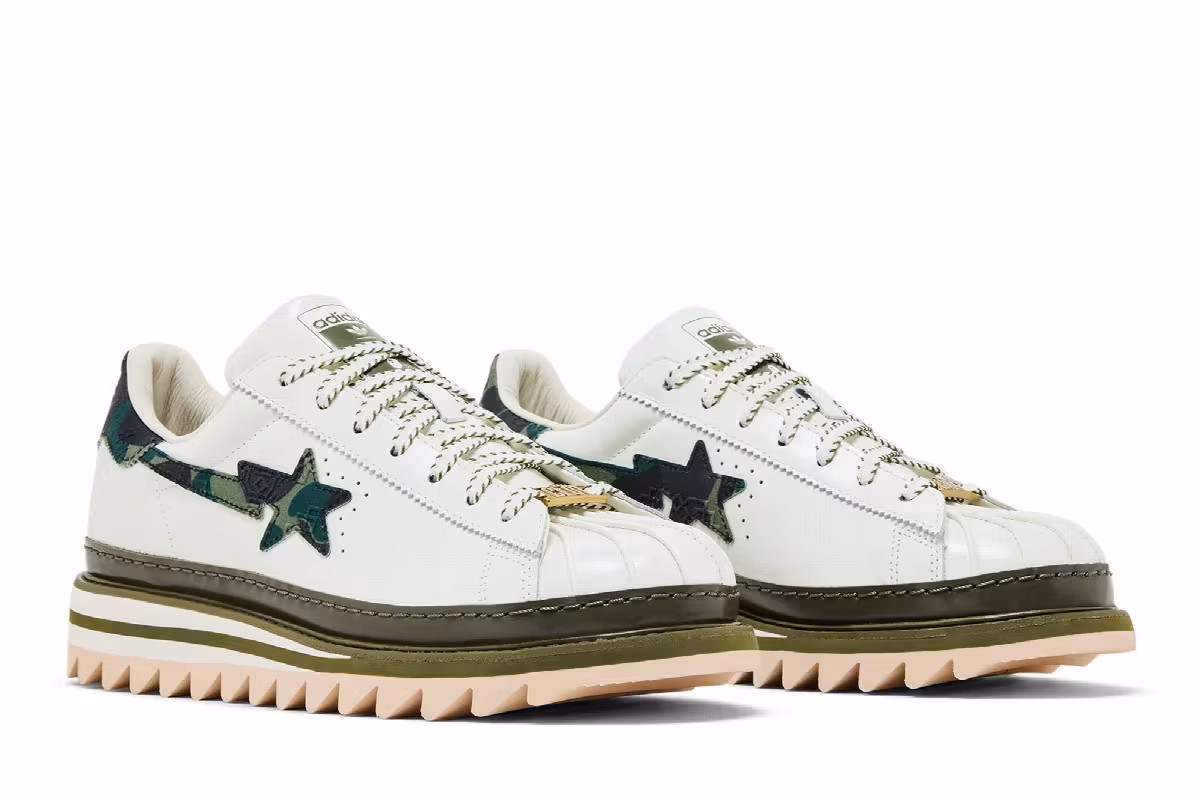 CLOT x BAPE x adidas Superstar Off White Olive Cargo, view 9